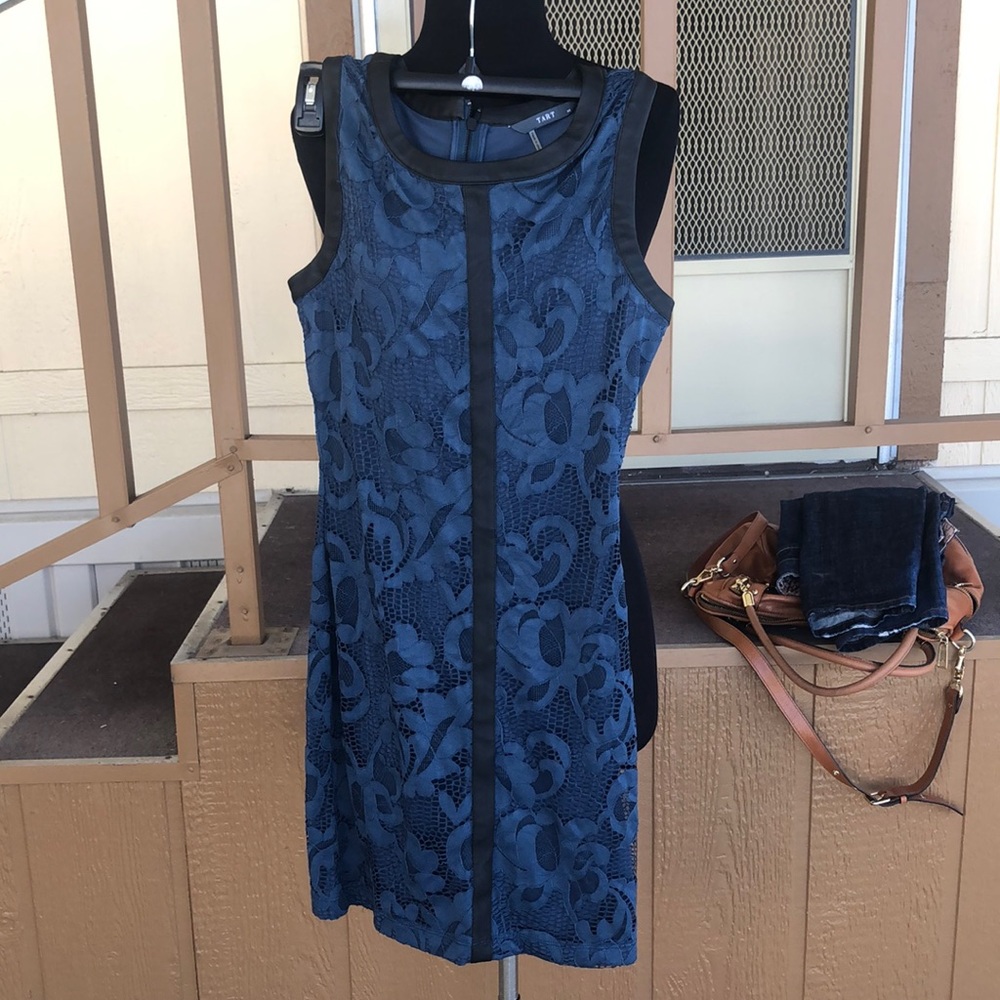 Beautiful Blue Lace Dress by Tart, with faux black Leather & Zipper on the back